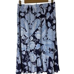 SJS Blue White Floral Paisley Ruffle Flowing Embroidery Midi Skirt SZ S